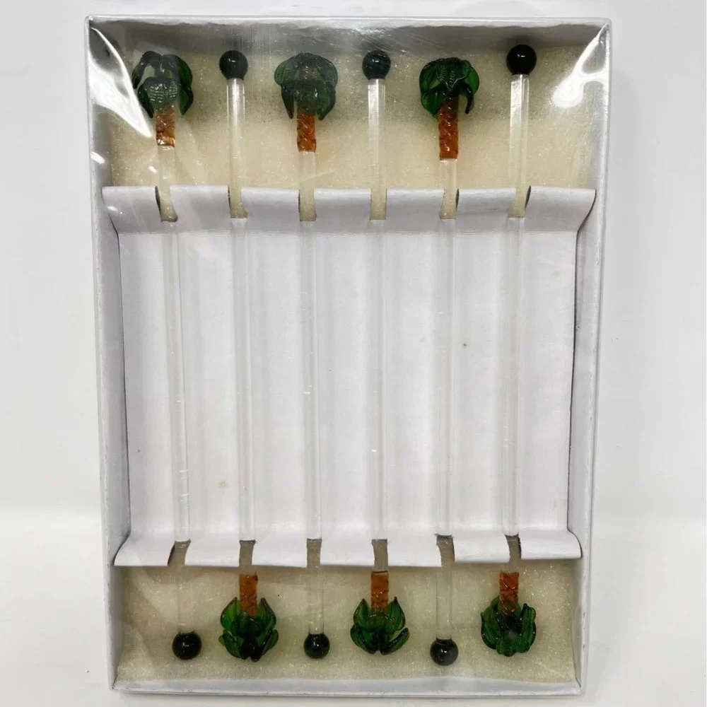 Swizzle Sticks LS Arts Venezia Art Glass Palm Trees New Old‎ Stock 2 Sets of 6